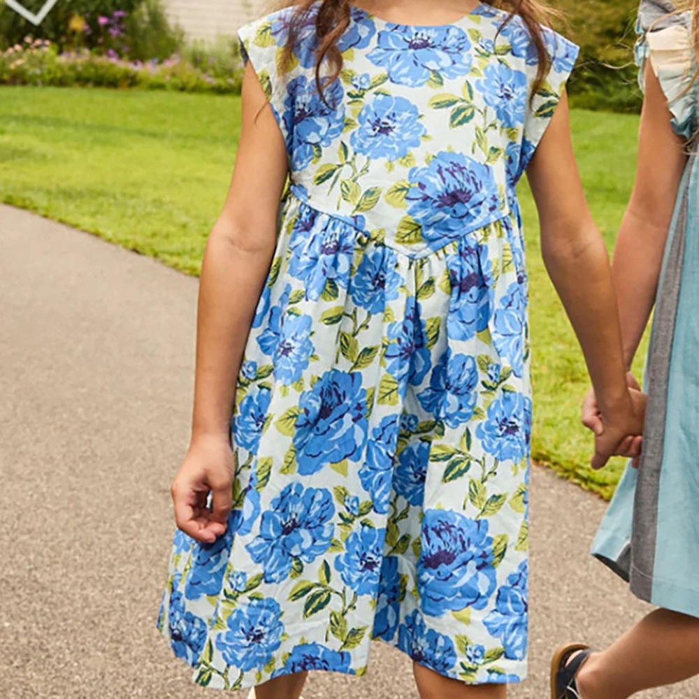 Pink Chicken Kids Dress with Blue Floral Pattern
